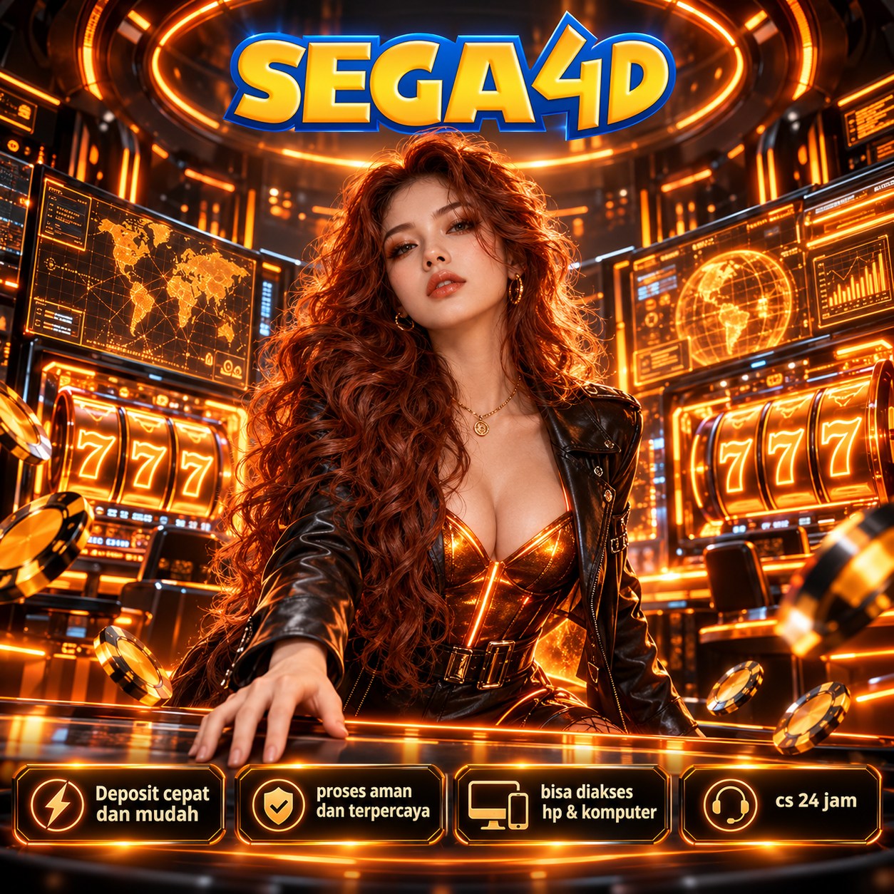 Poster SEGA4D bertema futuristik dengan nuansa oranye